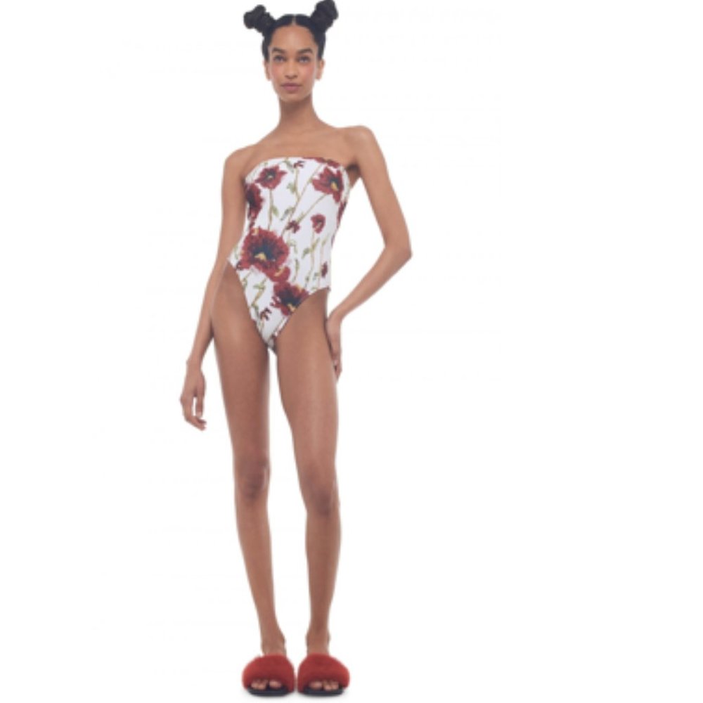 Norma Kamali Bishop Strapless 1 Piece Swimsuit in White Poppy Size Small